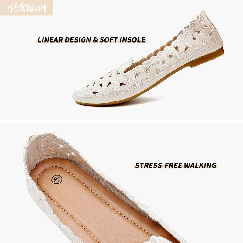 HEAWISH Women's Floral Ballet Flats for Women Black Beige Slip On Flowers PU Leather Round Toe Dress Shoes(Beige,US8) - Image 5